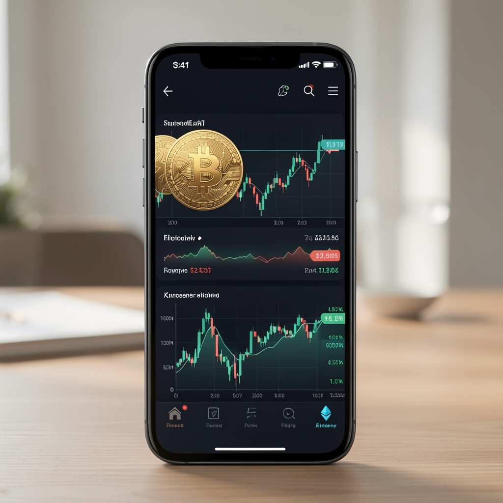 Смартфон с приложением для работы с криптовалютой — графики Bitcoin и Ethereum на экране, белый фон