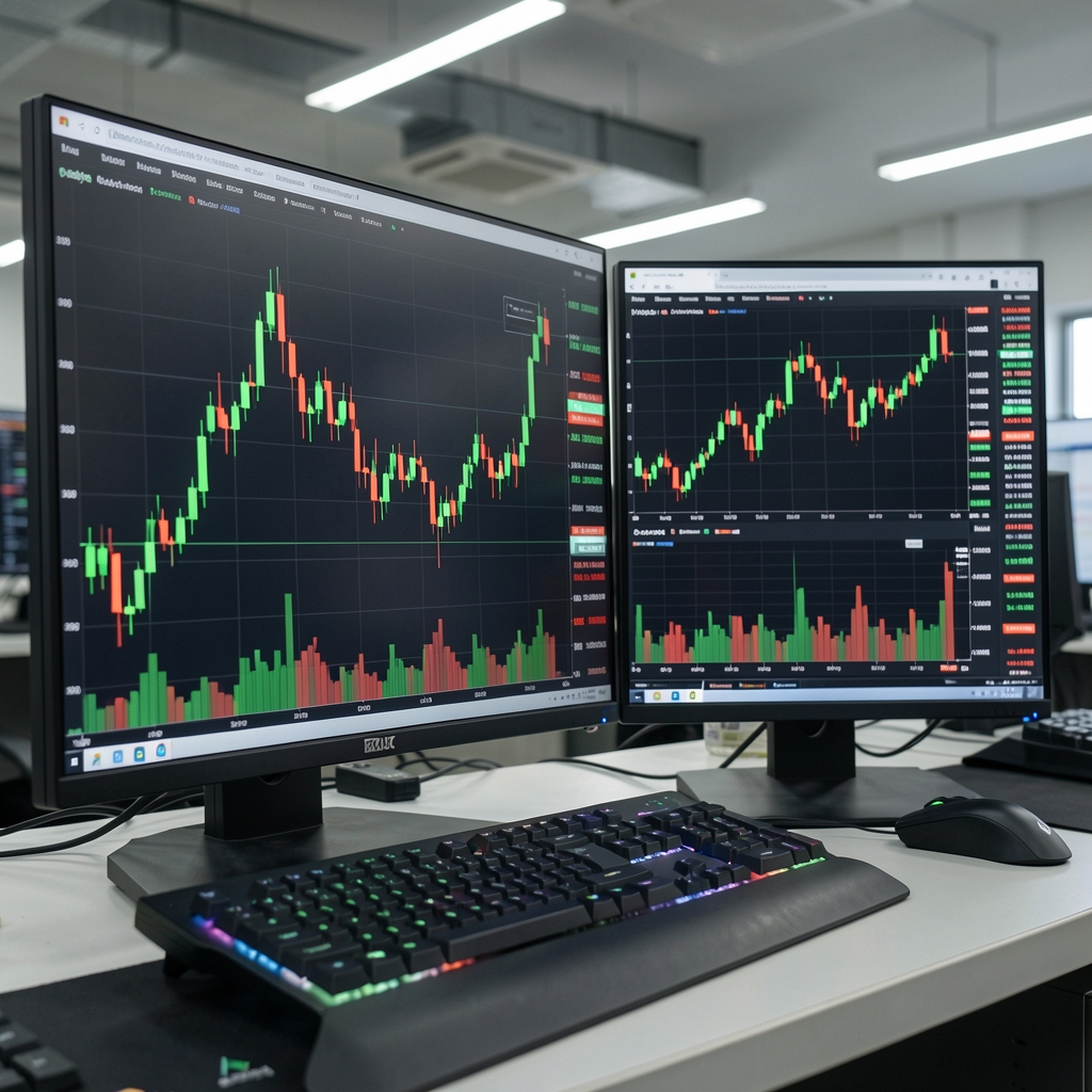 Экраны торгового терминала с графиками криптовалютных котировок Bitcoin и Ethereum — зеленые и красные свечи на темном фоне, цифровой трейдинг